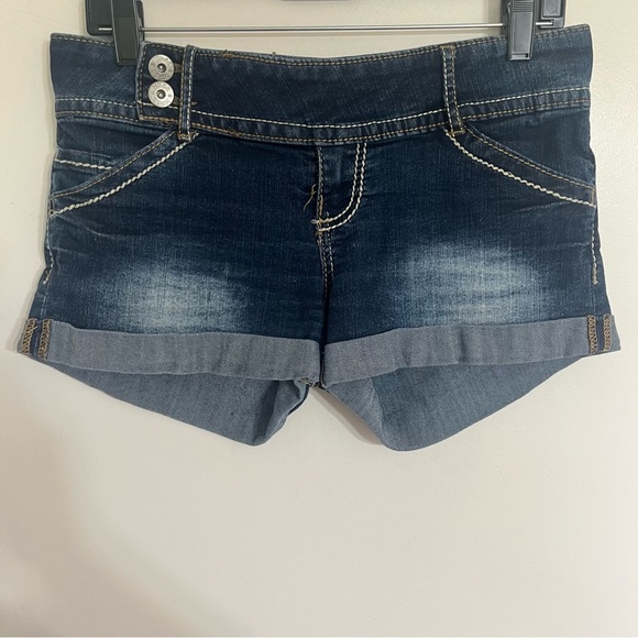 Women’s Juniors Mudd 90s Y2K Denim Jean Shorts Size 9 Dark Wash Contrast Trim - Picture 1 of 14